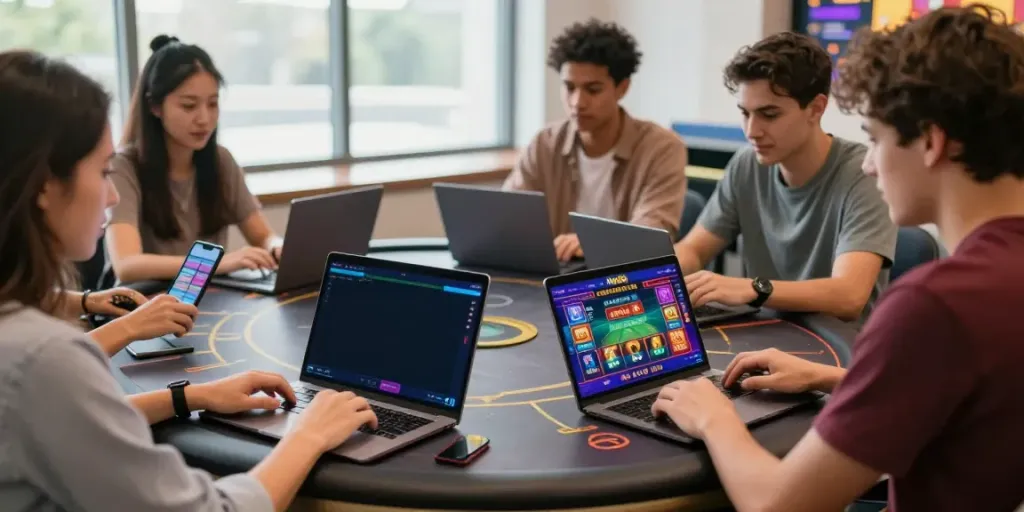 Friends enjoying a vibrant Net88 online gambling experience with laptops and mobile gaming.