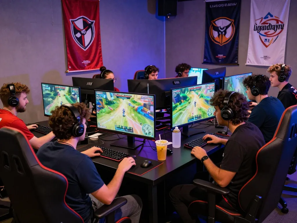 Excited gamers at a ligasedayu tournament in a vibrant gaming lounge.