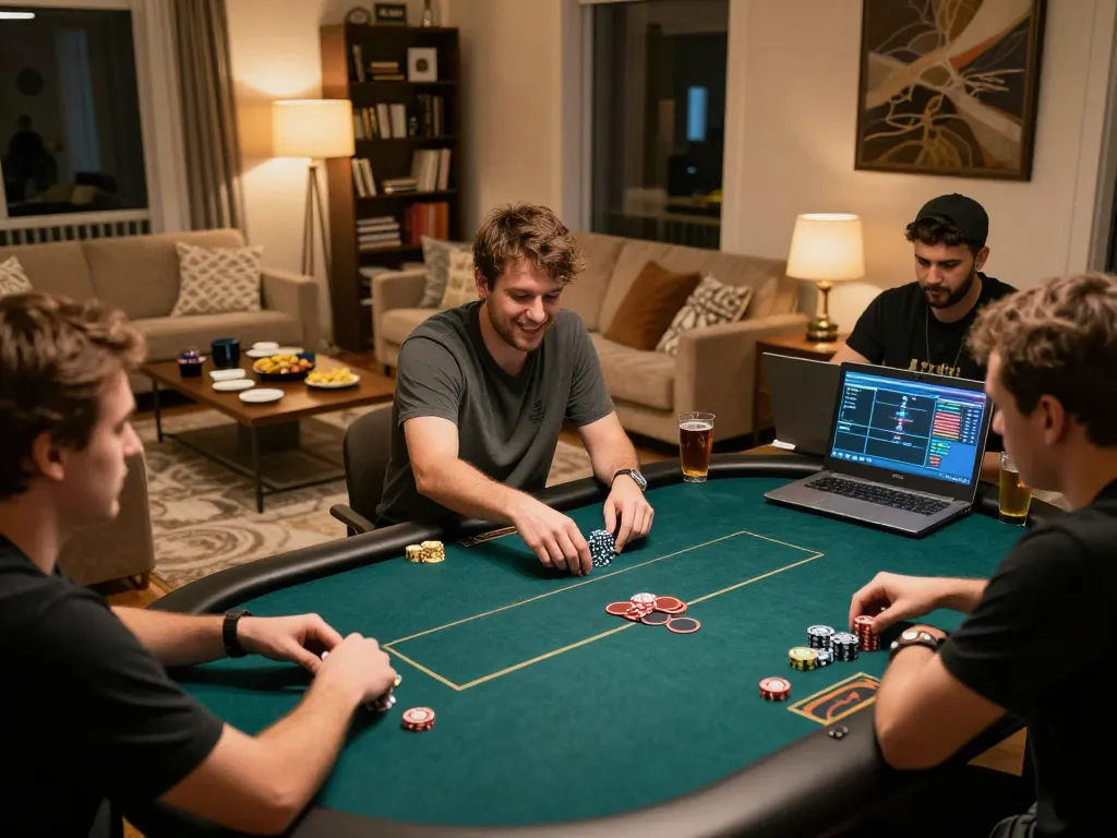 IDNSCORE RESMI players enjoying a thrilling online poker game in a cozy home setting