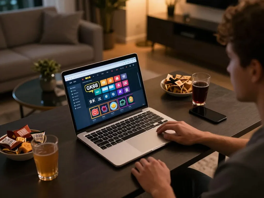 Gambling with GK88 at a modern home desk, showcasing an online casino setup