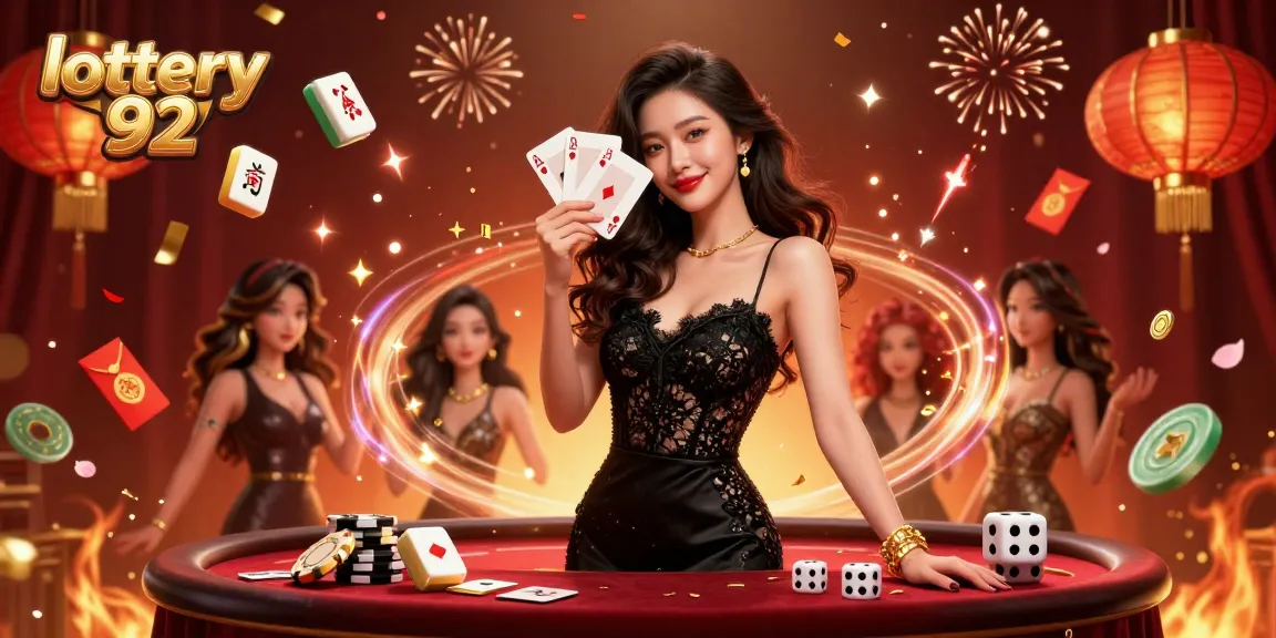 Engage with the lottery 92 atmosphere as an elegant Asian woman reveals winning ace cards amidst vibrant casino elements.