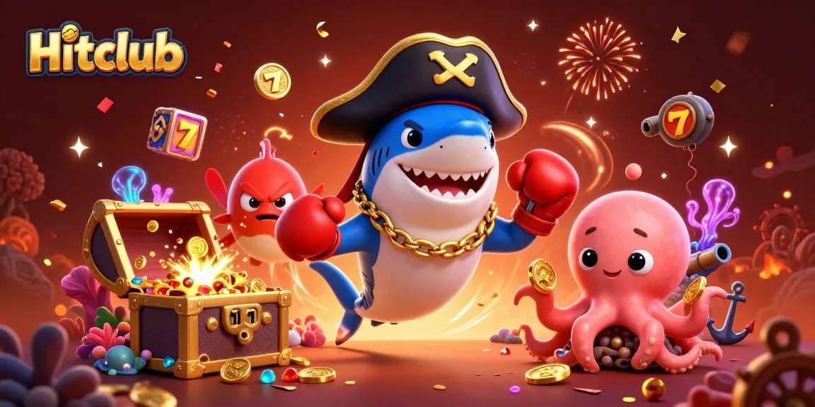 Hitclub pirate shark and friends celebrate a casino jackpot amidst a vibrant ocean backdrop.