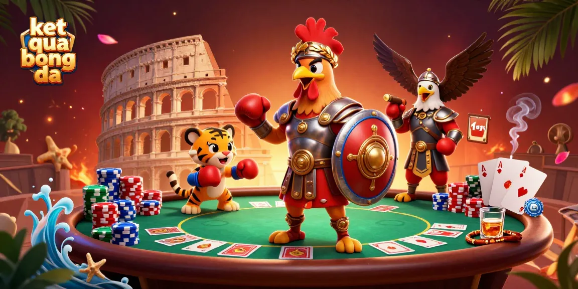 Engage with the lively scene of ket qua bong da as a cartoon rooster gladiator battles, surrounded by rich poker elements and vibrant atmosphere.