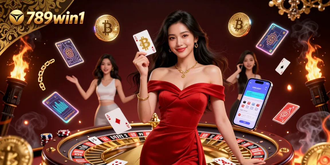 Experience excitement with 789win1 as a beautiful dealer elegantly holds a winning playing card amidst a vibrant casino atmosphere.