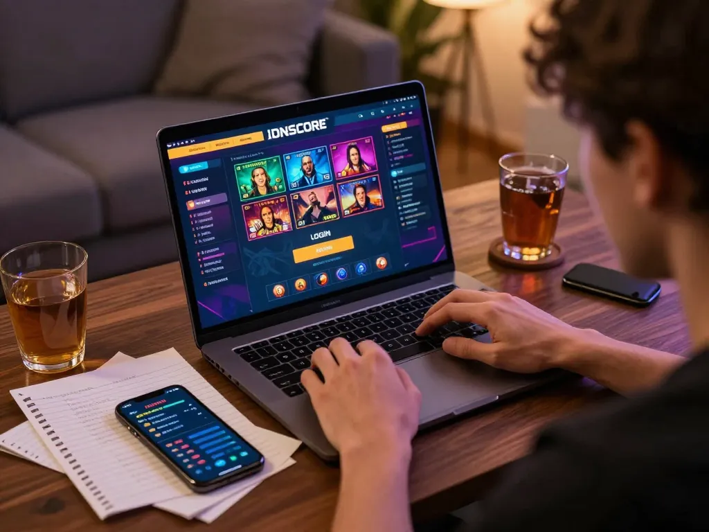 IDNSCORE LOGIN displayed on laptop screen for online casino gaming strategy and excitement.