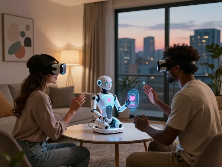 Couple exploring AI sex technology in a modern setting with AI robot.