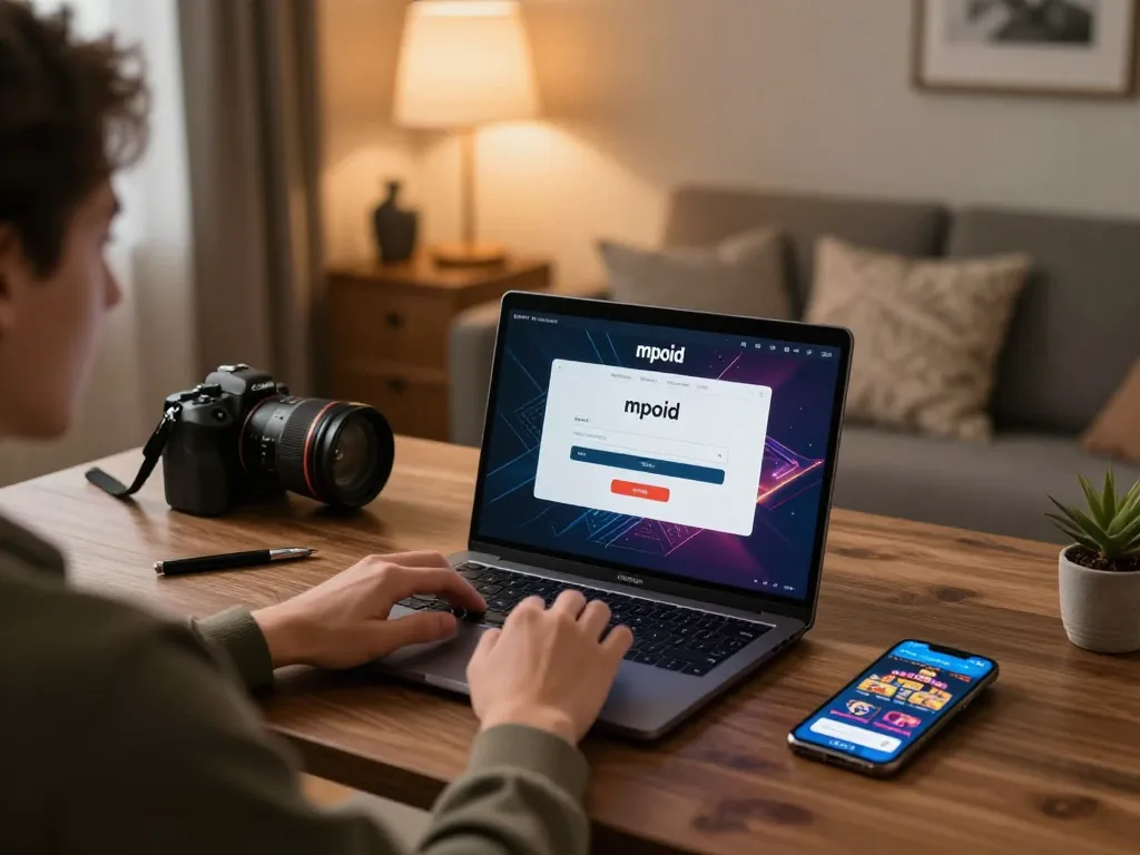 Engaging in online casino gameplay through mpoid login on a laptop in a stylish home office environment.
