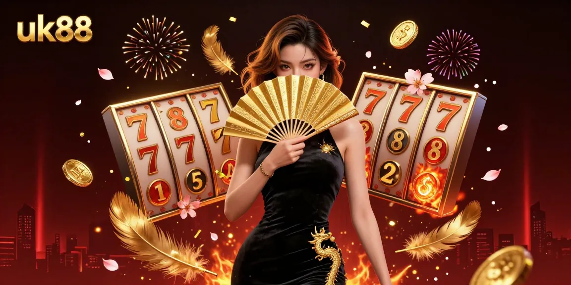 Engage in thrilling slots adventures with uk88; a stunning woman captures the casino's vibrant energy.