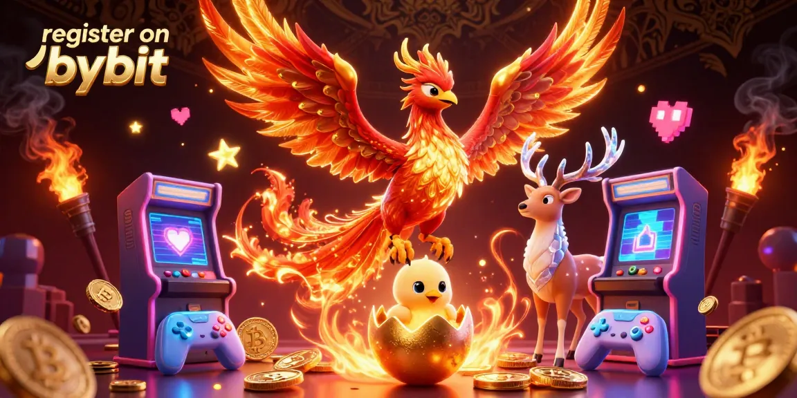 Engage in the crypto world as you register on Bybit, featuring a phoenix and mystical stag.