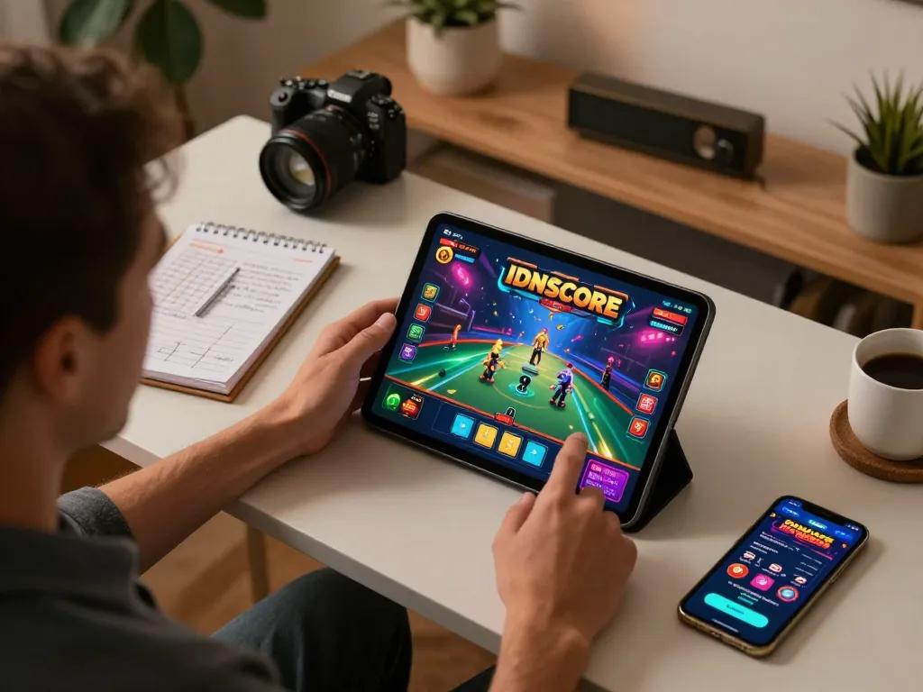 Player engaged in IDNSCORE gaming on tablet at home, showcasing interactive gameplay and strategic notes.