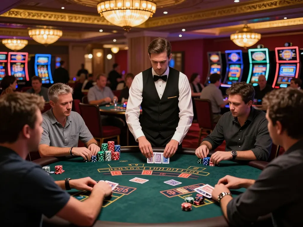 Engaging scene of players at a blackjack table showcasing no hu gambling action in an upscale casino.
