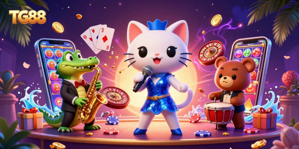 Experience TG88's vibrant casino atmosphere with colorful characters and engaging games.