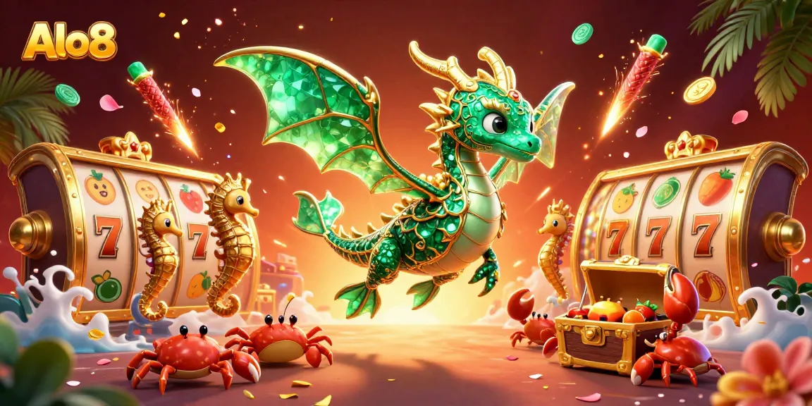 Alo8 offers a vibrant scene with a sea dragon, royal seahorses, and a treasure chest amidst spinning slot reels.