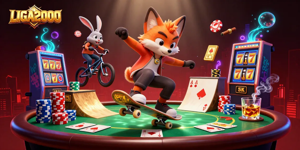 LIGA2000 terlibat dengan ilustrasi 3D bertema kasino yang cerah menampilkan rubah skateboard dan kelinci pengendara BMX