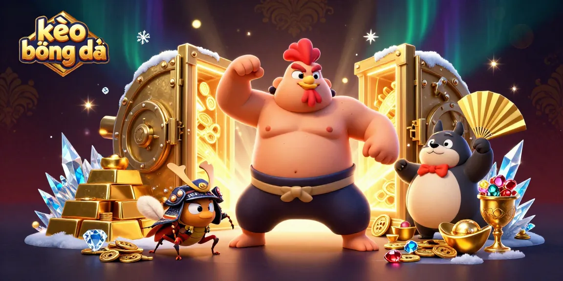 Bet on kèo bóng đá with powerful characters and dazzling treasures in a vibrant scene.