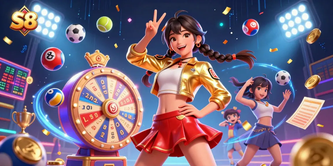 S8 invites players to celebrate with vibrant sports balls, a spinning prize wheel, and festive confetti.