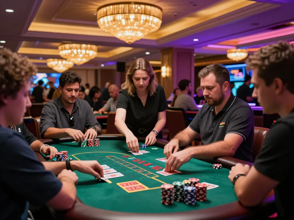 Players engage in a thrilling blackjack game at a vibrant casino, related to selfieplasticsurgeries.
