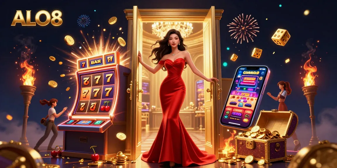 Experience the thrill of ALO8 with a vibrant casino scene showcasing a beautiful Asian woman and a jackpot-winning slot machine.