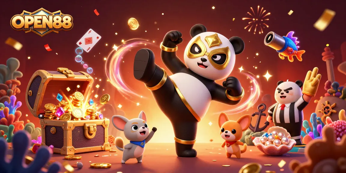 Experience the thrill of gambling at OPEN88 with vibrant illustrations of fun characters engaging in casino-themed excitement.