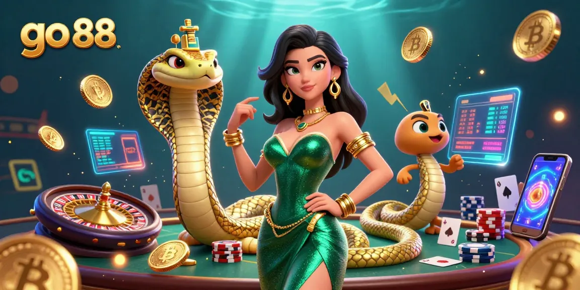 Join the thrill of go 88 with vibrant casino elements and a stunning 3D woman in a luxury gown.