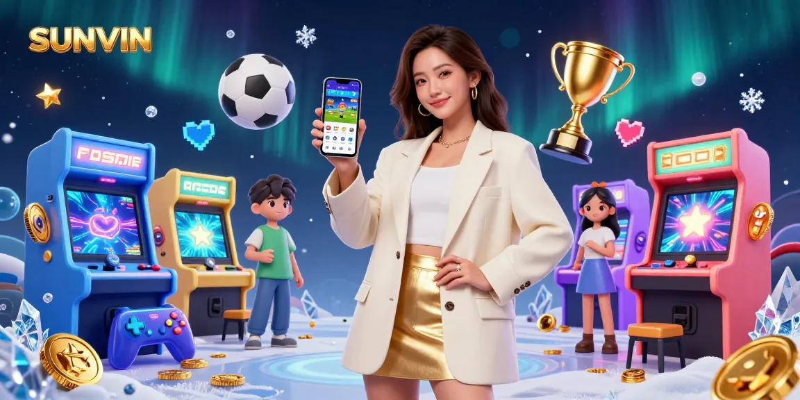 SUNVIN embraces thrilling sports betting vibes with a chic Asian woman interacting with an app amidst dynamic gaming elements.