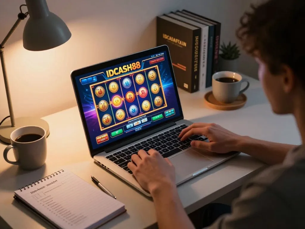 Player engaged in IDCASH88 slot games at home, showcasing immersive online gaming environment.