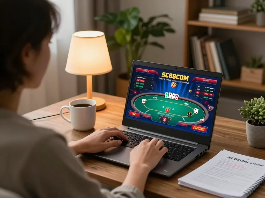 Engaging in online poker gameplay on SC88COM from a comfortable home setting with strategic notes.