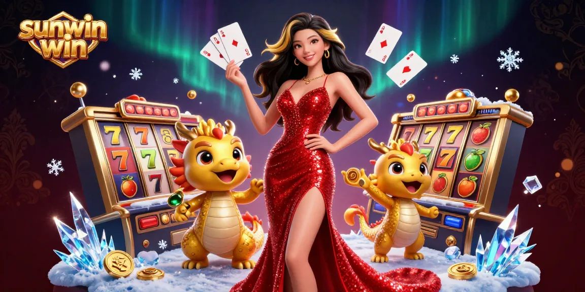 Engage in thrilling slot games with sunwin win, featuring an Asian woman in an elegant gown alongside a golden dragon.