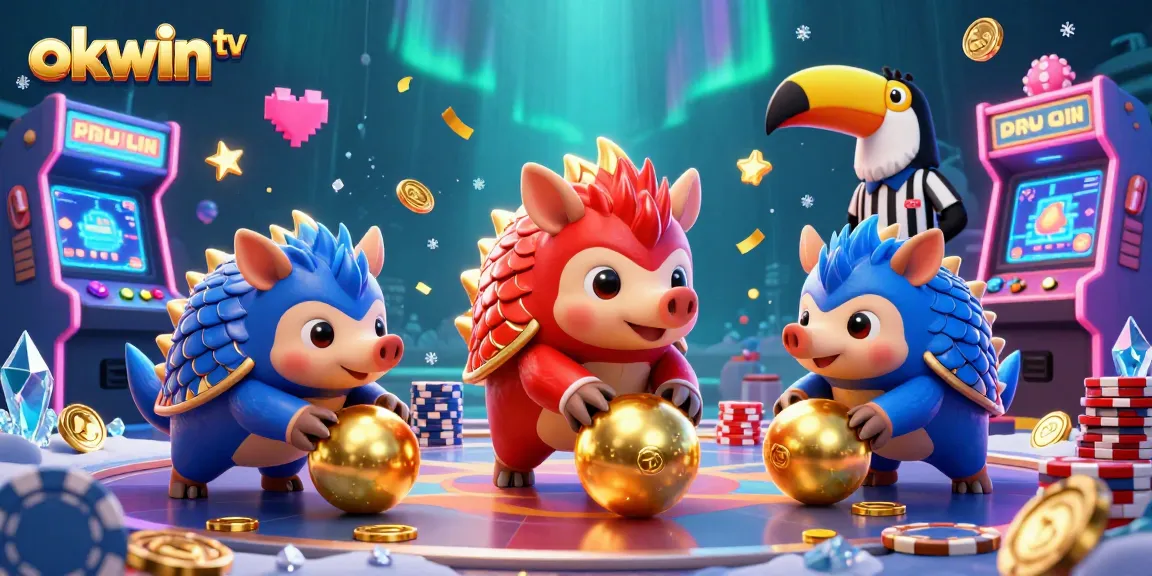 Engage with okwin tv's thrilling gaming experience featuring pangolins amid colorful casino elements.