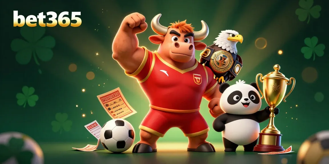 Bet365 sports betting action scene with a victorious bull mascot and eagle amidst dynamic elements.