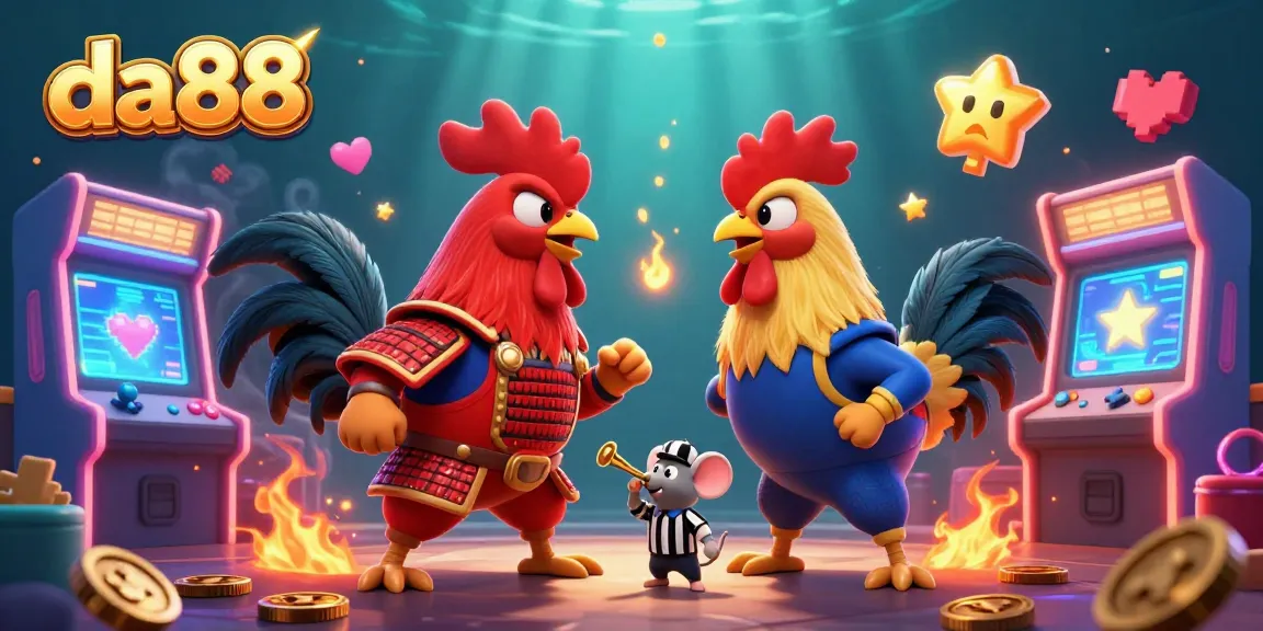da88 showcases a 3D illustration of fighting roosters in a vibrant casino gaming scene.