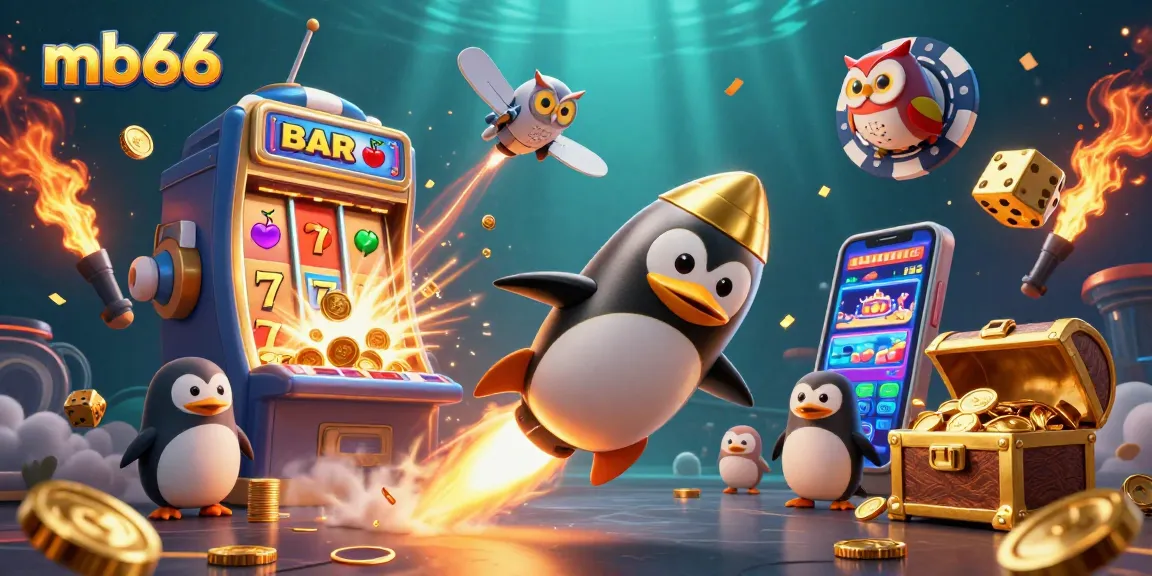 Experience mb66 thrills with a dynamic penguin in a rich casino scene, showcasing vibrant gaming elements.