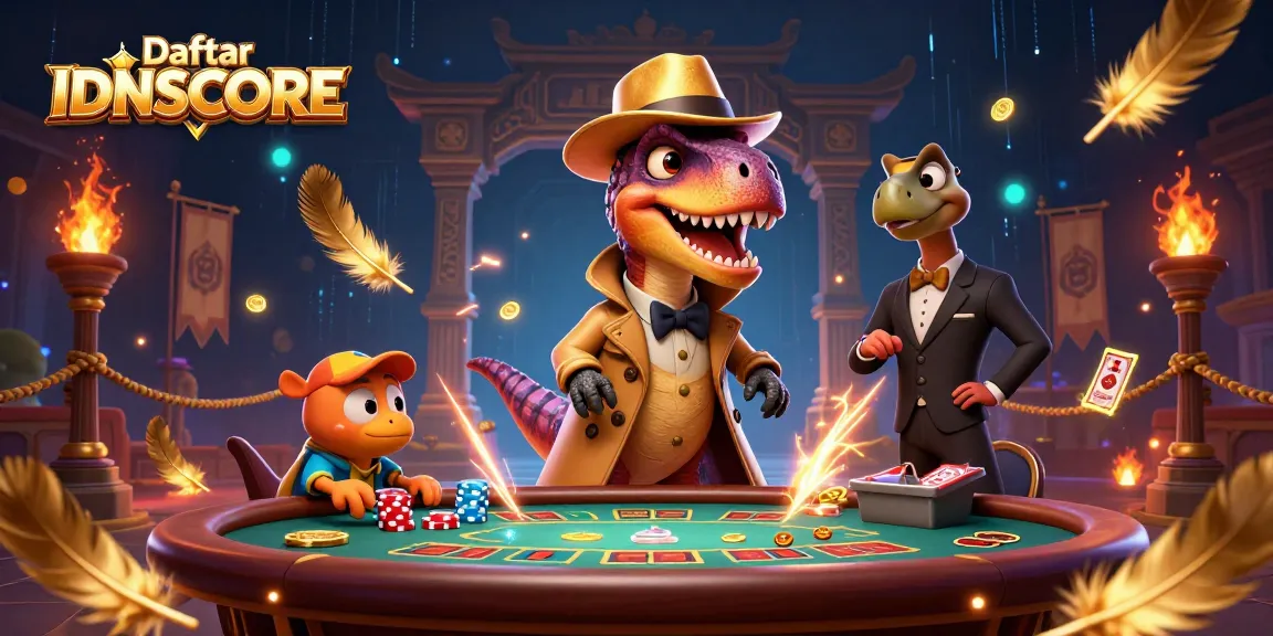 Join the game at Daftar IDNSCORE with a clever velociraptor card counter and vibrant casino elements.