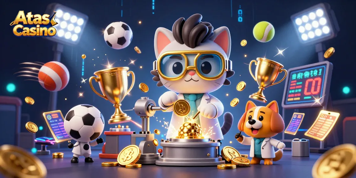 Engage with the Atas Casino experience featuring a vibrant 3D scene with a mad scientist cat and sports elements.