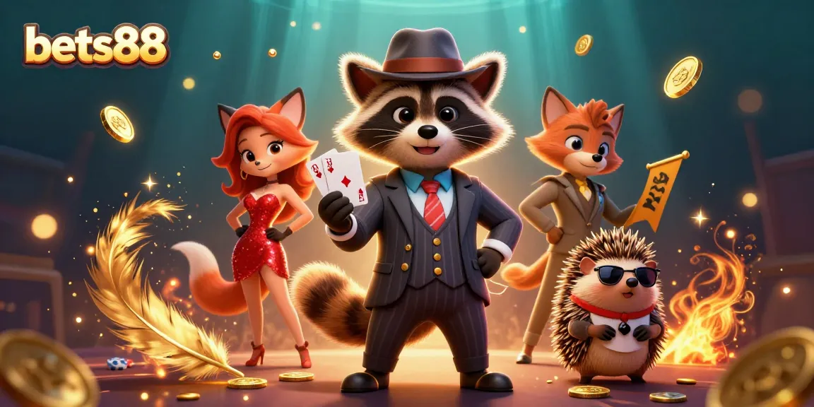 Join bets88 for an exhilarating experience featuring a charismatic raccoon, a fox, and a hedgehog in a dynamic casino scene.