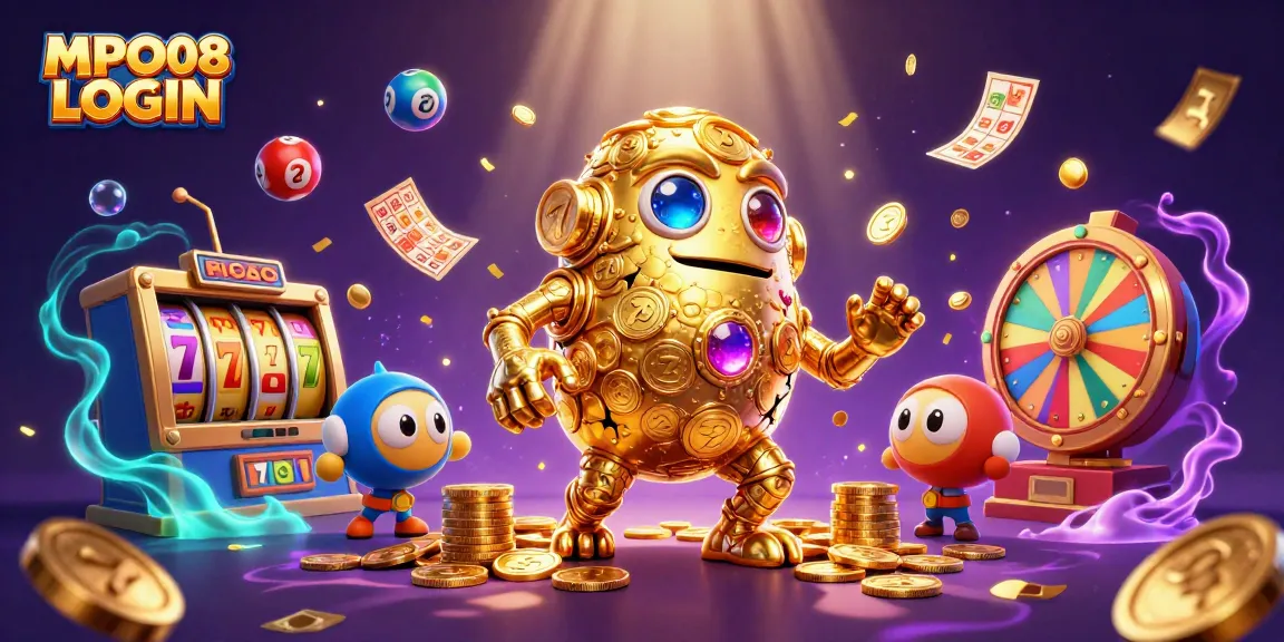 Engage in thrilling games with MPO08 LOGIN, featuring a vibrant scene of dynamic casino elements.
