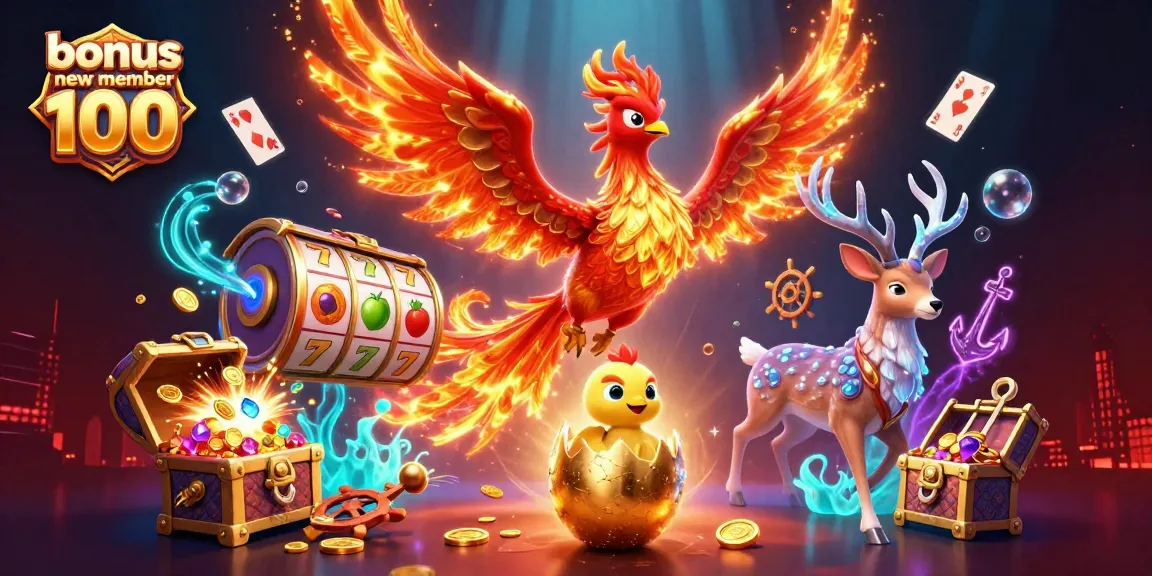 Play and win with bonus new member 100 slots, featuring vibrant characters and explosive game elements.