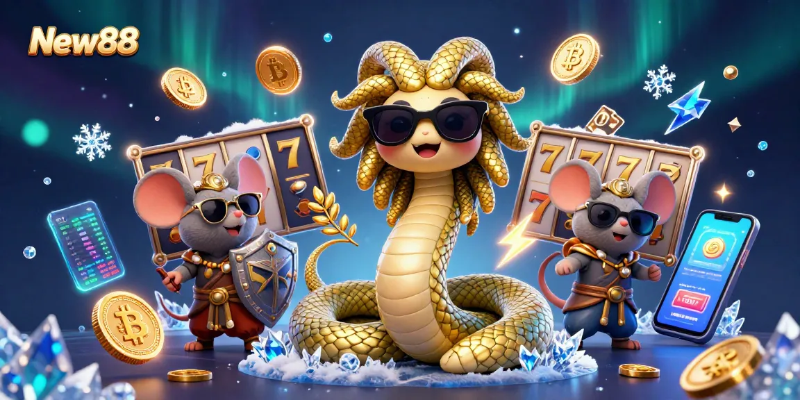 Engage with exciting slots at New88 featuring a lively Medusa and warrior mouse amid vibrant digital elements.
