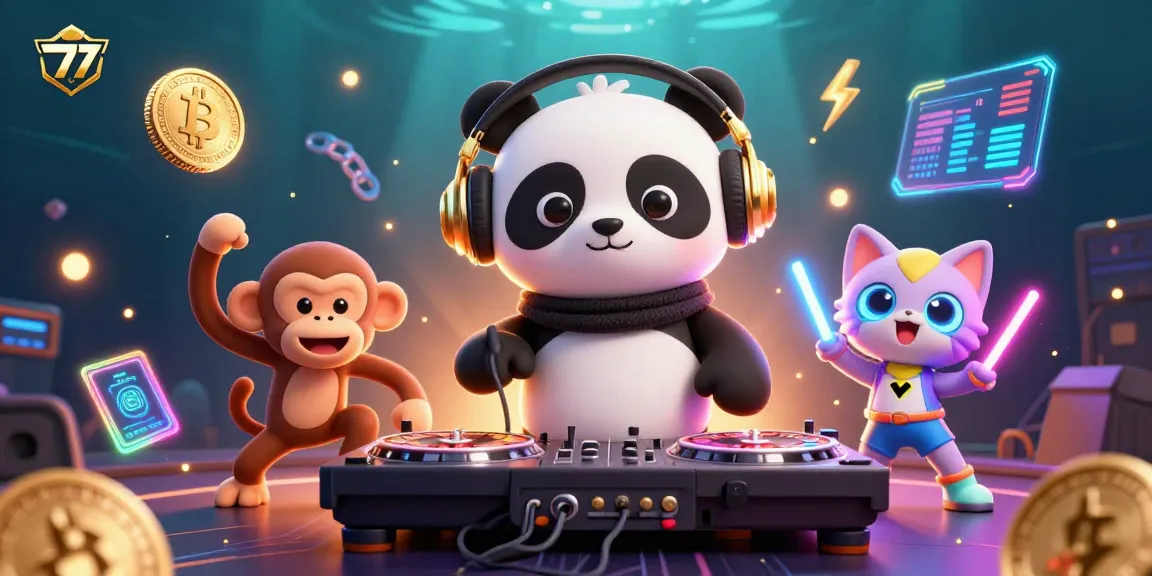 Engage with 777 casino excitement featuring a DJ panda and colorful characters spinning casino reels.