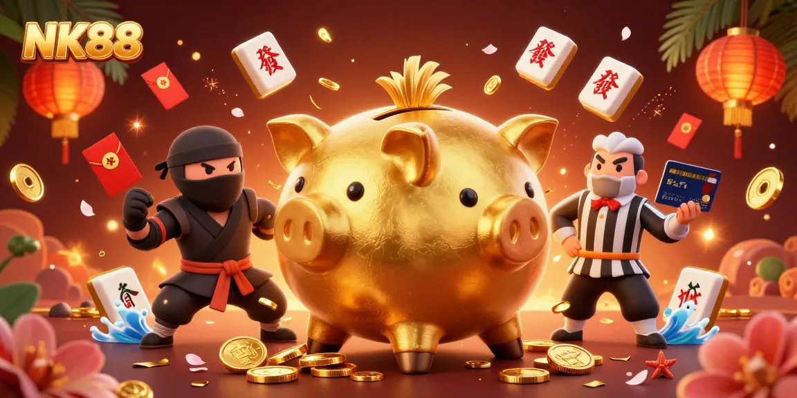 Bet big at NK88 with immersive gaming, featuring a piggy bank sumo wrestler amidst festive casino elements.