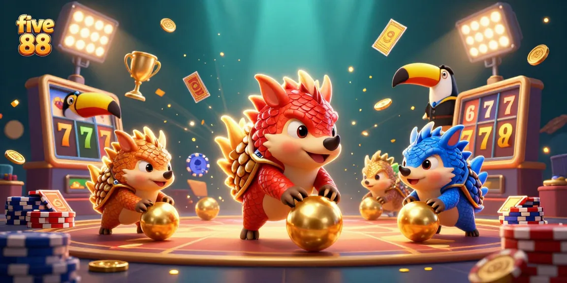 Engage in thrilling gameplay with five 88 as rival pangolins bowl over poker chips in a vibrant casino.