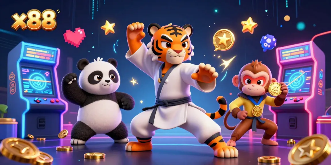 x88 players enjoying vibrant casino games with tiger master and friendly panda.