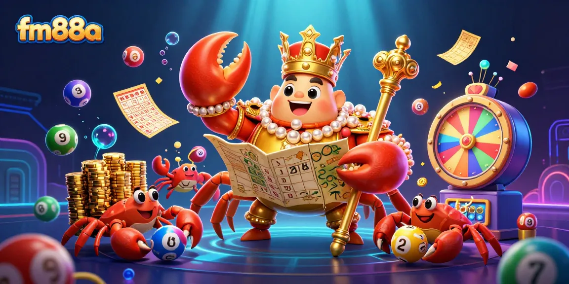Catch incredible prizes at fm88a with this vibrant underwater-themed casino illustration showcasing a golden crab emperor and lively game elements.