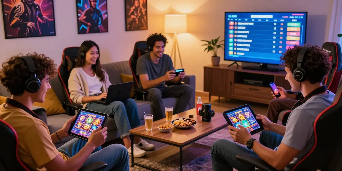 Players enjoying deposit tanpa minimal gaming at home with devices and snacks.