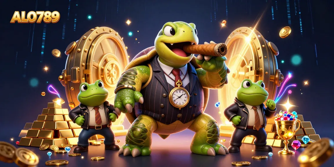 Experience thrilling bets at ALO789 with a charming snapping turtle and bullfrog enforcers in a vibrant casino scene.
