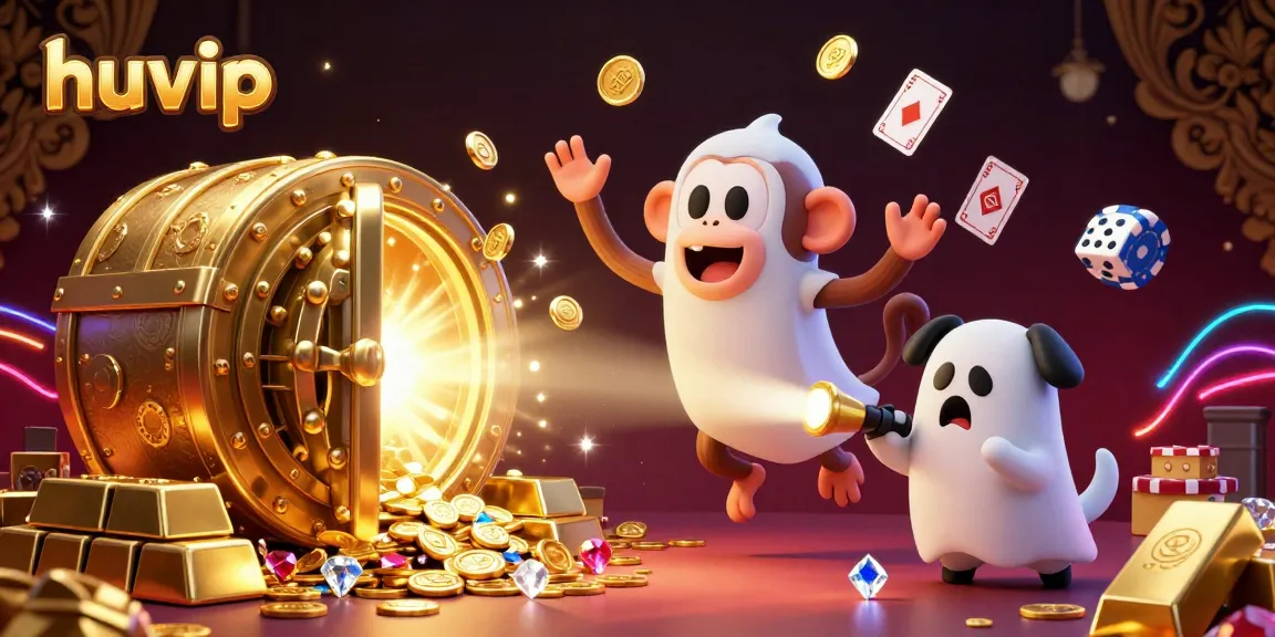 Experience the excitement at huvip with golden coins and a playful ghost monkey in a lively casino.