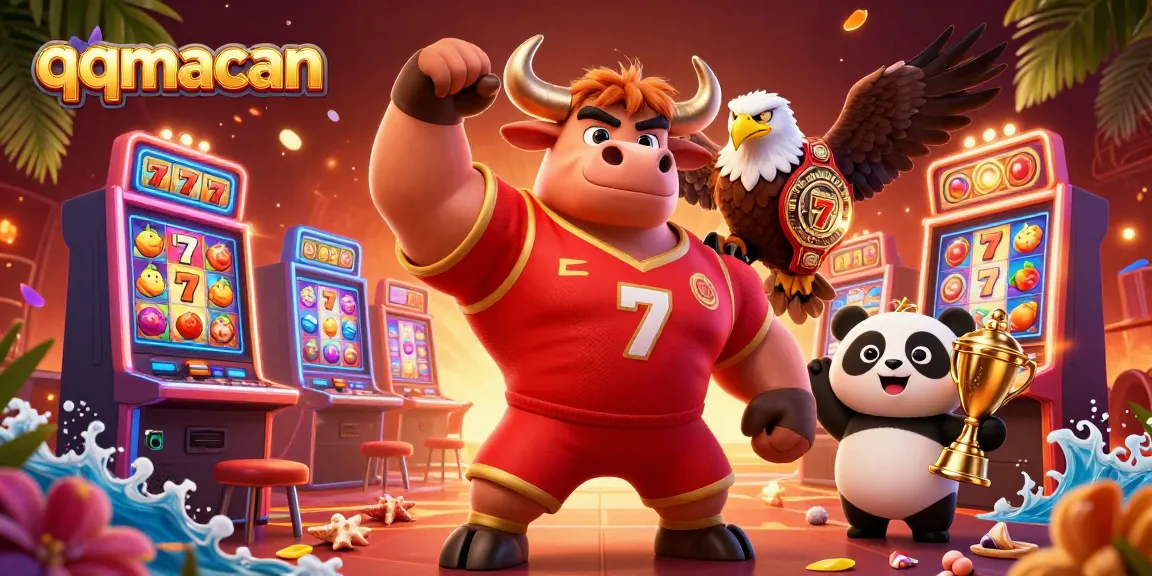 qqmacan showcases a lively 3D casino scene with slot machines, vibrant characters, and celebratory elements.