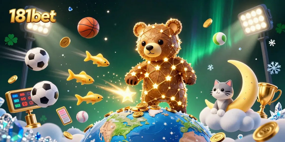 Engaging 3D illustration of 181bet showcasing a constellation bear scooping coins amidst dynamic sports betting elements.