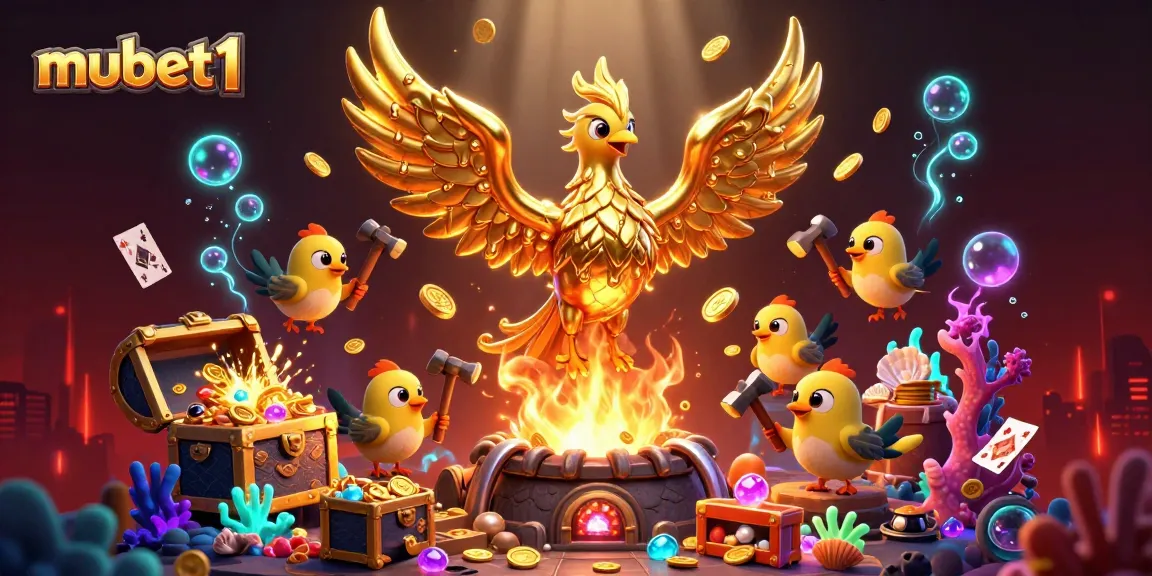 Experience the stunning 3D golden phoenix of mubet1 amidst casino magic, overflowing with treasures and excitement.