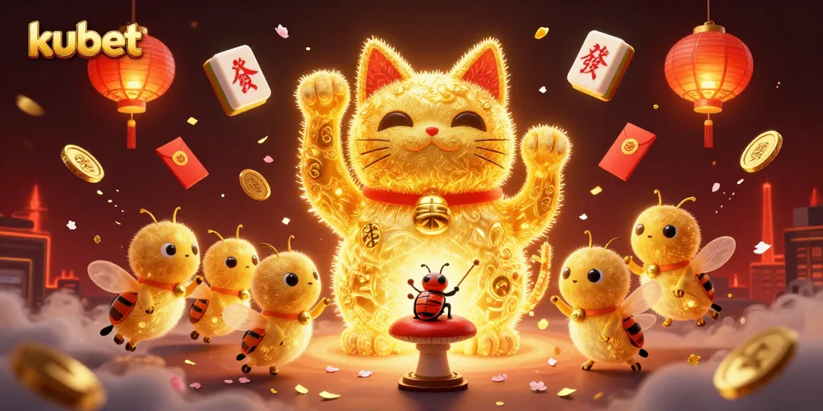 Experience the dynamic casino energy of kubet with a giant lucky cat made of fireflies amidst vibrant gaming elements.